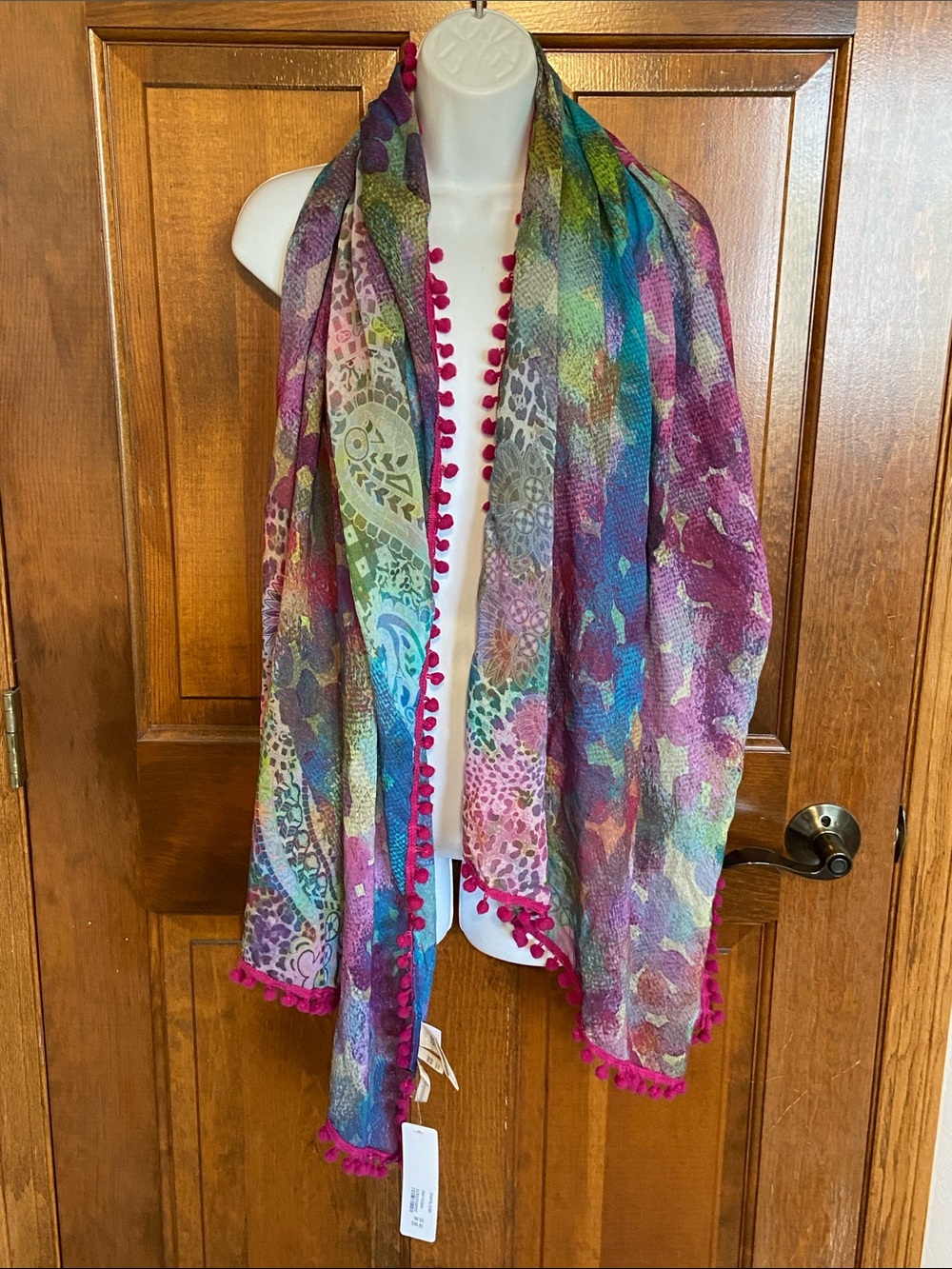 Soft Surroundings pom-pom/printed scarf. lightweight accessory vibrant colors
